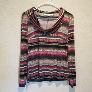Trina Turk Abstract Striped Silk Cowl Neck Top Blouse Size Med Pink Black Brown